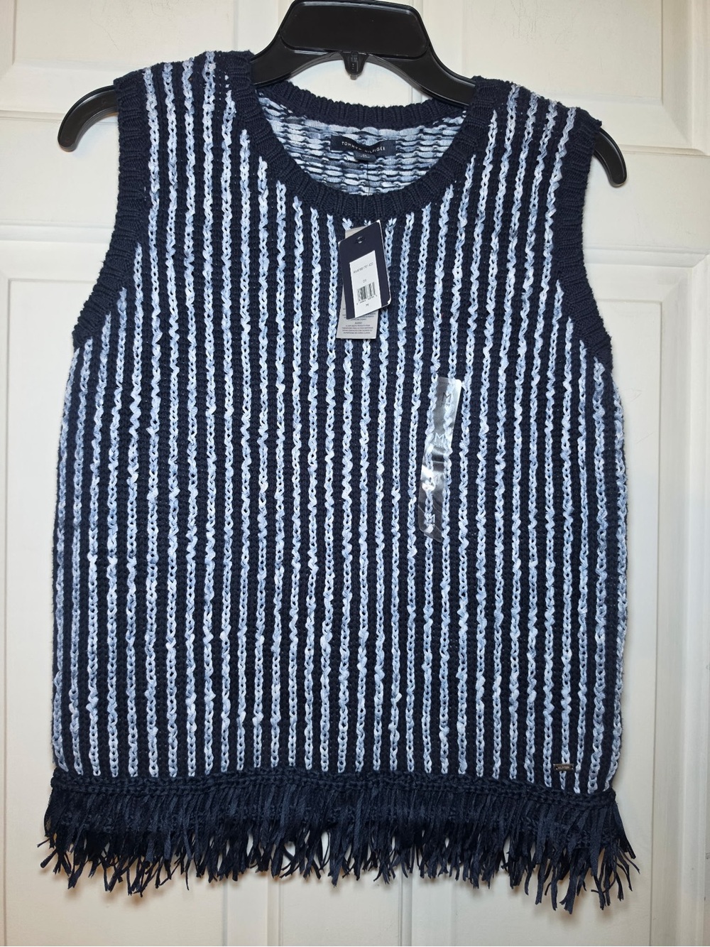 Tommy Hilfiger Blue Striped Open Knit NWT Fringe Crew Neck Sweater Vest MEDIUM